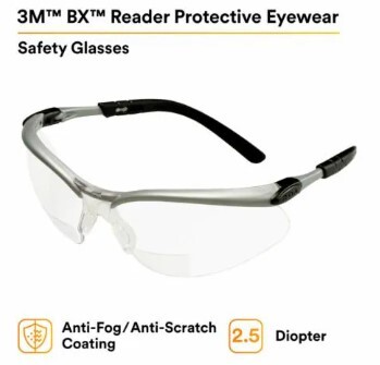 3M BX READER SAFETY GLASSES, CLEAR/SILVER, +2.5 DIOPTER, AF/AS