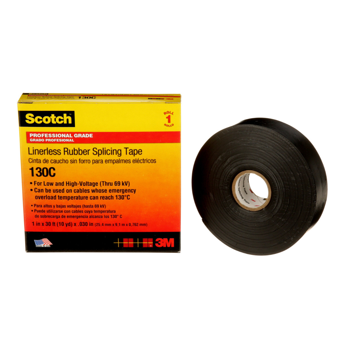 3M/SCOTCH LINERLESS RUBBER SPLICING TAPE 130C, 30FT X 1" BLACK