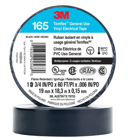 3M TEMFLEX ECONOMY GRADE VINYL ELECTRICAL TAPE 165, 3/4" X 60 FT, 6 MIL, BLACK