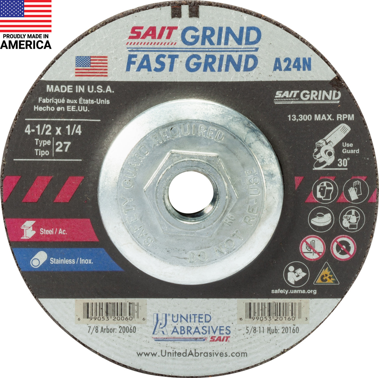 4-1/2" X 1/4" X 5/8"-11" A24N TYPE 27 GRINDING WHEEL