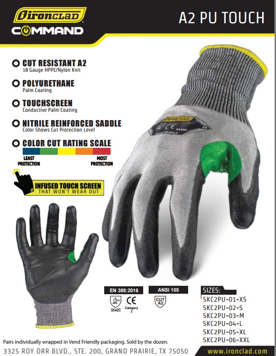 IRONCLAD GLOVE KNIT A2 S PU TOUCH (VEND-PACK) - LARGE