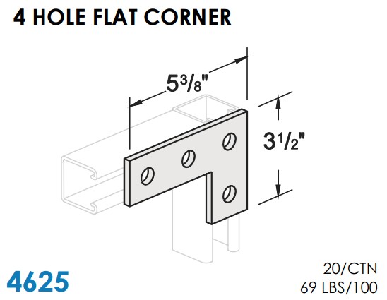 STRUT BRACKETS - 4 HOLE FLAT CORNERS - 3-1/2" X 5-3/8", ZINC
