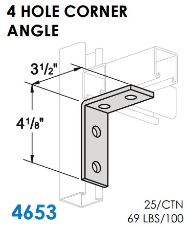 STRUT BRACKETS - CORNER ANGLES 4 HOLE, 90D, 3-1/2" X 4-1/8" ZINC