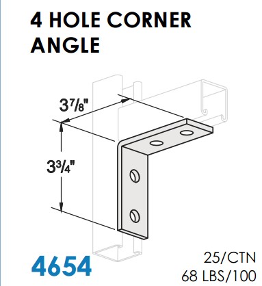 STRUT CORNER ANGLE BRACKET 4 HOLE, 90 D, 3-7/8" X 3-3/4" ZP