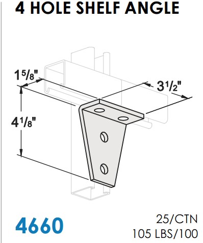 STRUT BRACKETS - SHELF ANGLES 4 HOLE, 90D, 3-1/2" X 4-1/8" X 1-5/8" ZINC