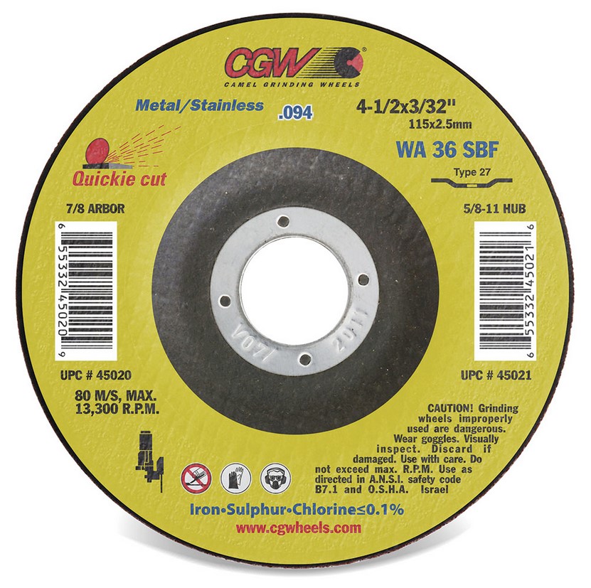 CGW45021 4-1/2 X 3/32 X 5/8-11 WA36-S-BF T27 CUTOFF WHEEL (.094)