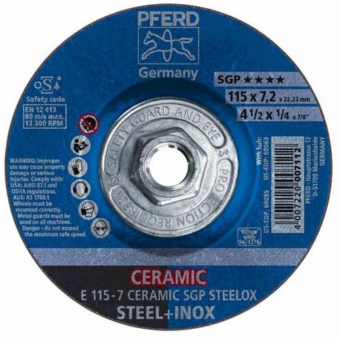 PFE60063 4-1/2" X 1/4 GRINDING WHEEL, 5/8-11 THD. - CERAMIC SGP STEELOX - TYPE 27