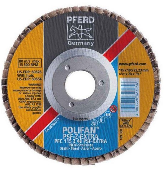 4-1/2" X 5/8-11 THD. POLIFAN FLAP DISC - Z PSF EXTRA STEELOX, ZIRCONIA, 40 GRIT, FLAT