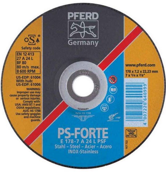 4-1/2" X 1/4 GRINDING WHEEL, 7/8" A.H. - PSF STEELOX - TYPE 27