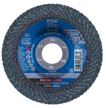 4-1/2" X 7/8" A.H. POLIFAN FLAP DISC - Z SGP CURVE STEELOX, ZIRCONIA, 40 GRIT, MEDIUM RADIUS