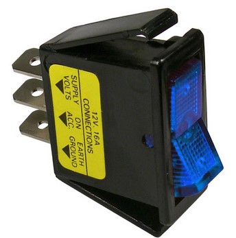 ON-OFF ROCKER ILLUMINATED BLUE SWITCH SPST PLASTIC BODY 1/4" TABS 12V 16A 1/PK