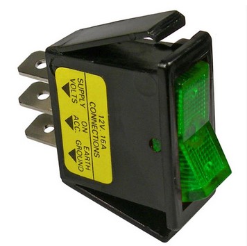 ON-OFF ROCKER ILLUMINATED GREEN SWITCH SPST PLASTIC BODY 1/4" TABS 12V 16A 1/PK