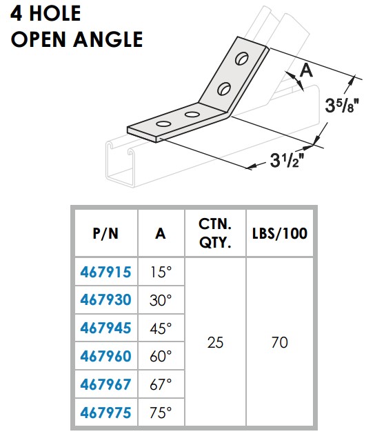 STRUT OPEN ANGLE 4 HOLE, 45D, 3-1/2 X 3-5/8, GREEN